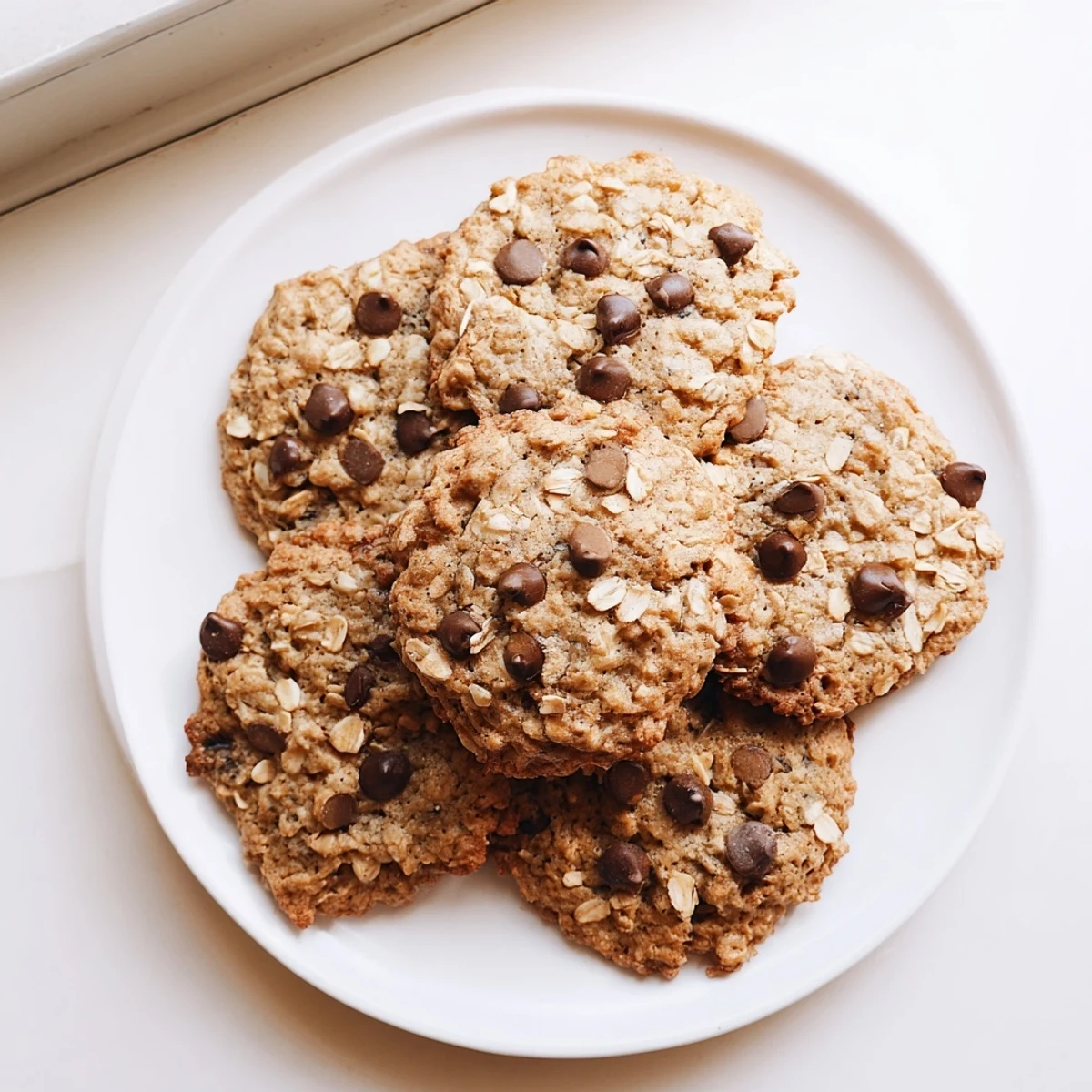 Golden classic oatmeal chocolate chip cookies fresh from the oven with melted chocolate chunks
