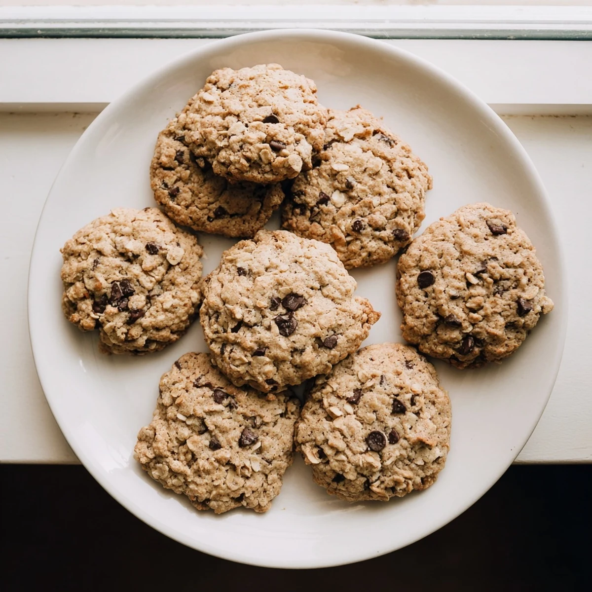 Homemade oatmeal chocolate chip cookies showing crisp edges and soft oat-studded centers