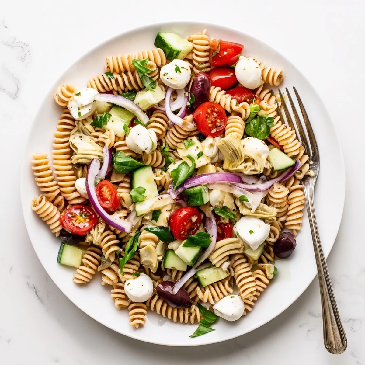 Mediterranean-style pasta salad featuring fusilli, crisp vegetables, olives, and bocconcini tossed in zesty dressing