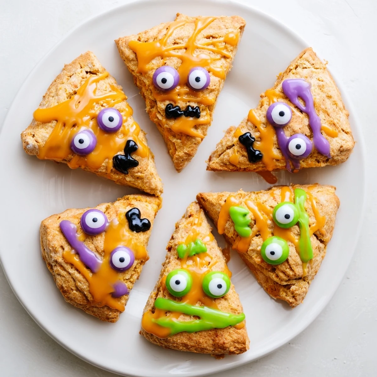 Golden pumpkin scone decorated with colorful candy eyes and spooky monster face glaze