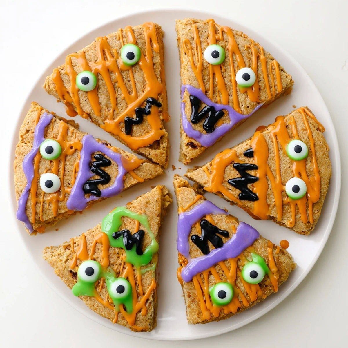 Festive autumn monster face pumpkin scones drizzled with orange and purple glaze decorations