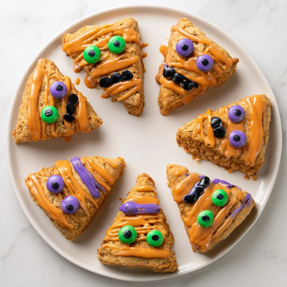 Spiced Halloween pumpkin scones with playful monster faces on a rustic wooden board