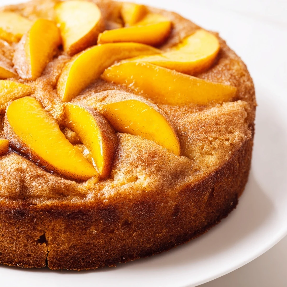 Golden summer peach cake with cinnamon-drenched peach slices arranged on a moist vanilla cake