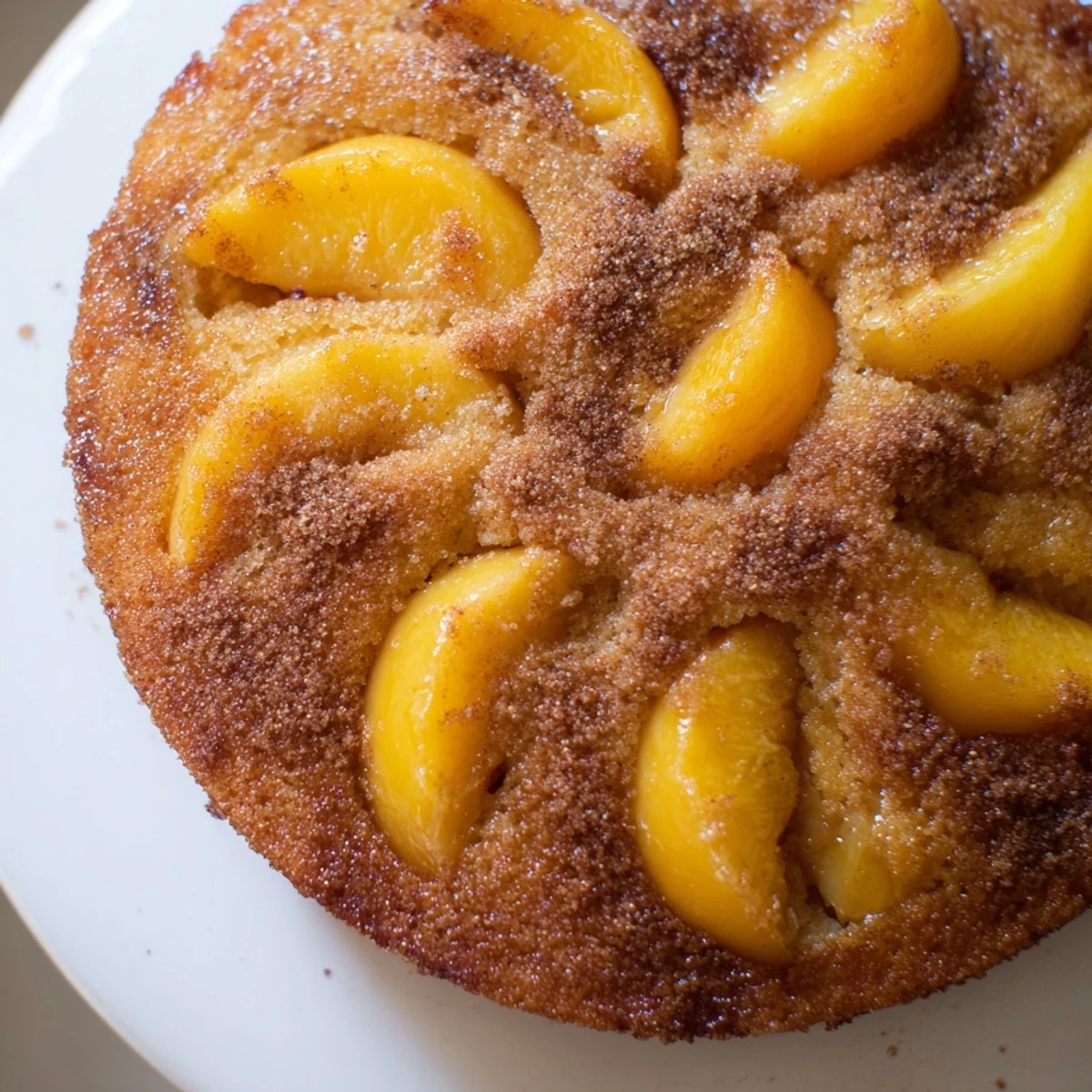 Light and fluffy summer peach cake featuring tender baked peaches on a golden crumb