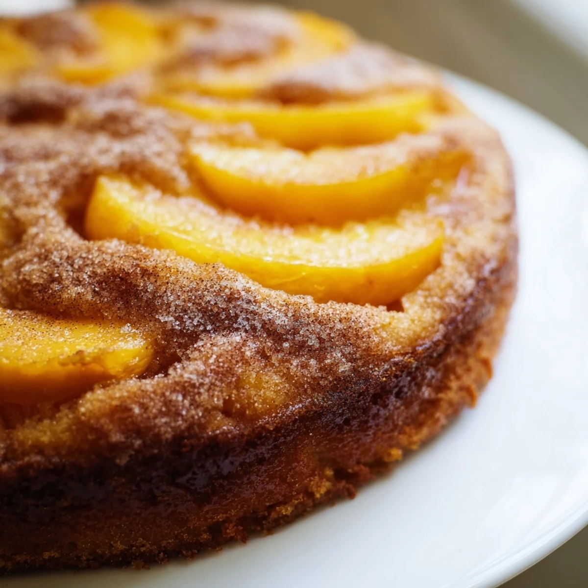 Moist summer peach cake topped with fresh juicy peach wedges and sweet cinnamon sugar
