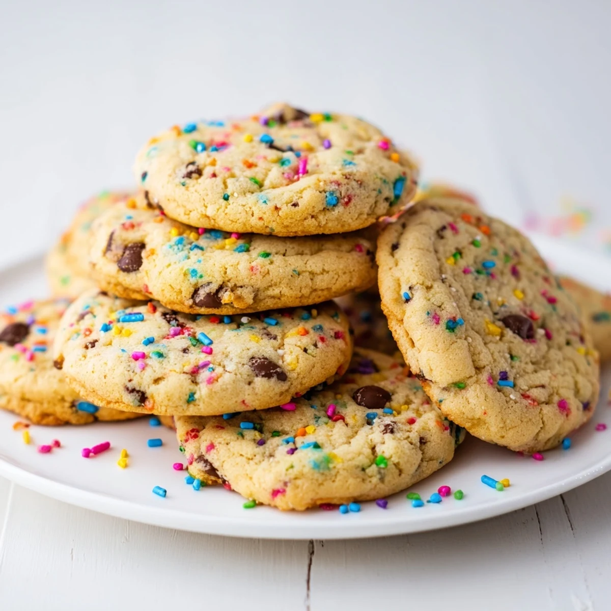 Soft batch chocolate chip sprinkle cookies with melty chocolate chunks and colorful rainbow bits