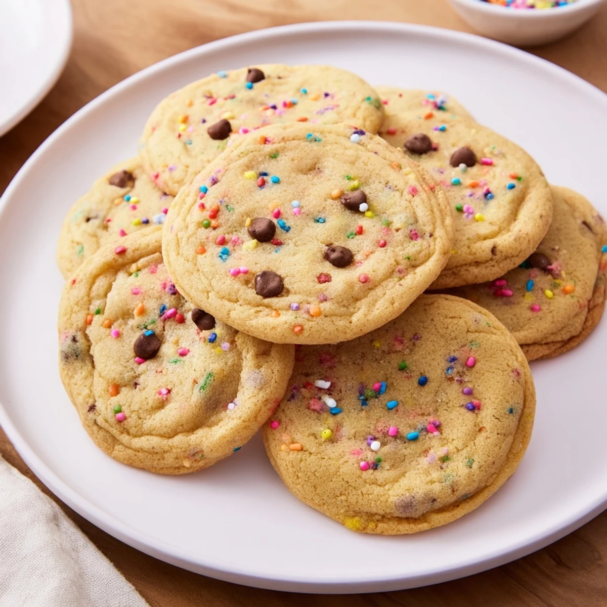 Golden chocolate chip sprinkle cookies stacked on a cooling rack with festive speckles