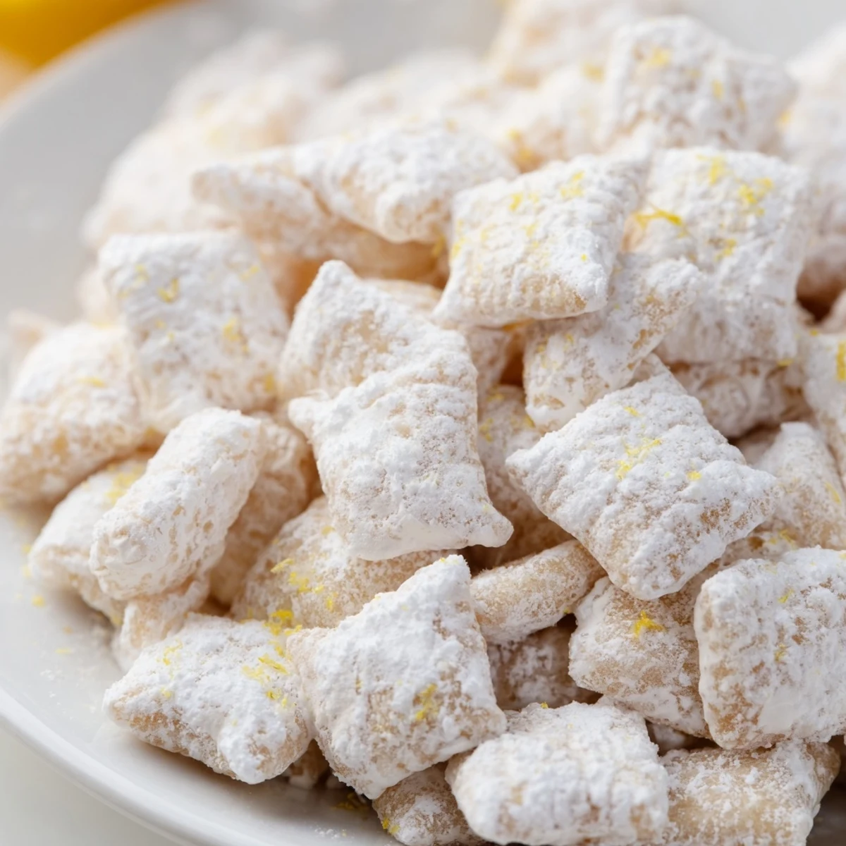 Golden lemonade puppy chow snack coated in white chocolate and lemon zest powder
