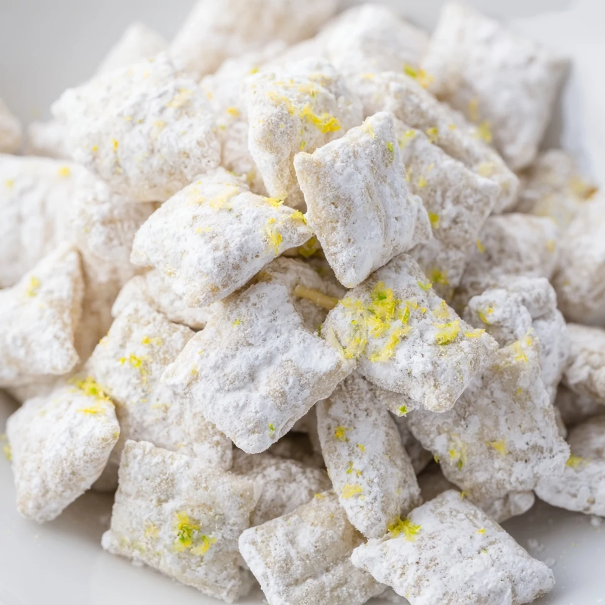 Close up of lemonade puppy chow snack mix with white chocolate drizzle and sprinkles