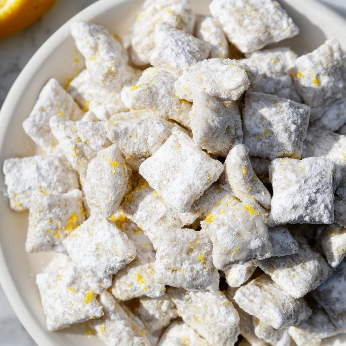 Bowl of zesty lemonade puppy chow with powdered sugar coating on white background