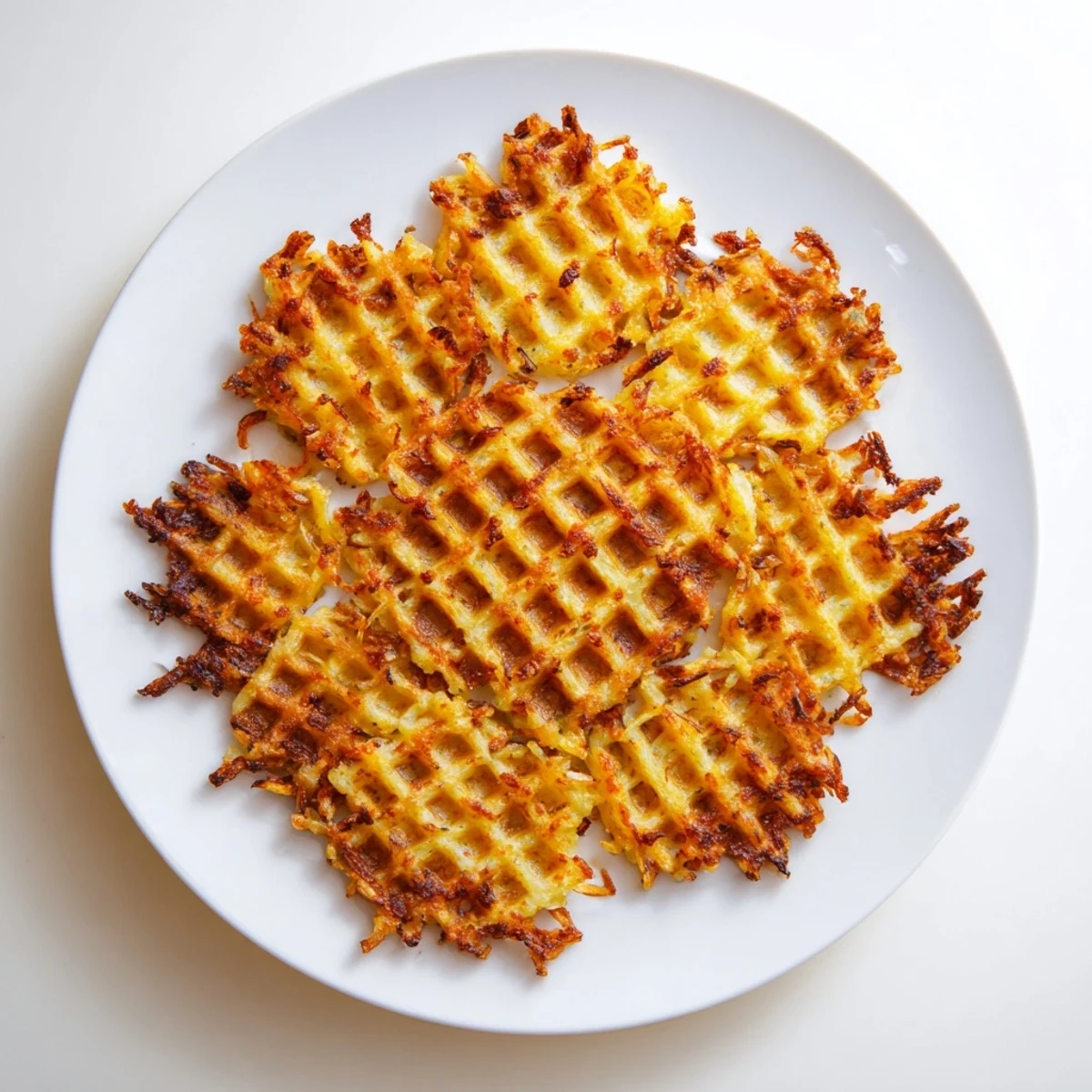 Golden waffle iron hashbrowns with deep crispy ridges served on a white plate
