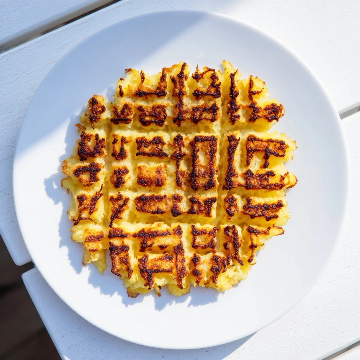 Breakfast plate showcasing waffle iron hashbrowns alongside fresh herbs and sour cream dip