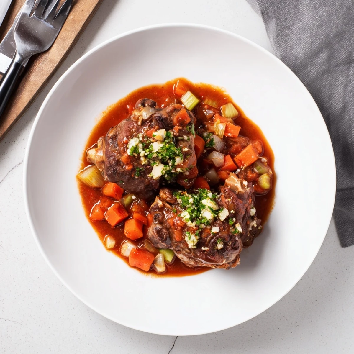 Golden brown veal shanks braised in rich tomato wine sauce with tender meat falling off the bone