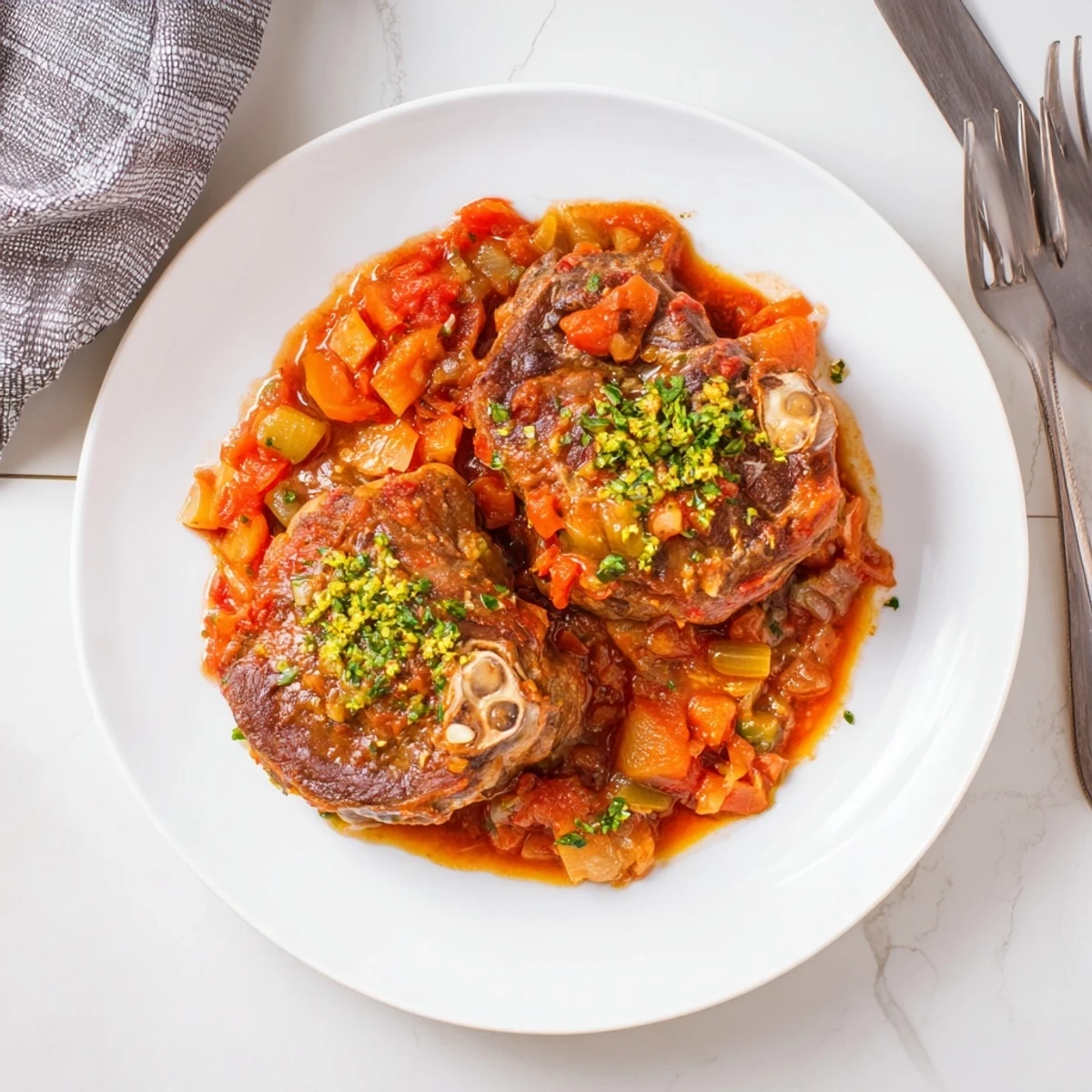 Fork-tender osso buco nestled in aromatic vegetables and deep red sauce, garnished with fresh bright green herbs