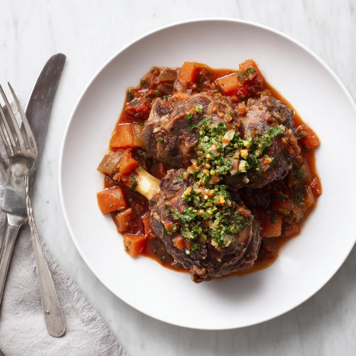 Slow-cooked Italian veal shanks served in a savory white wine and tomato braising liquid with gremolata topping