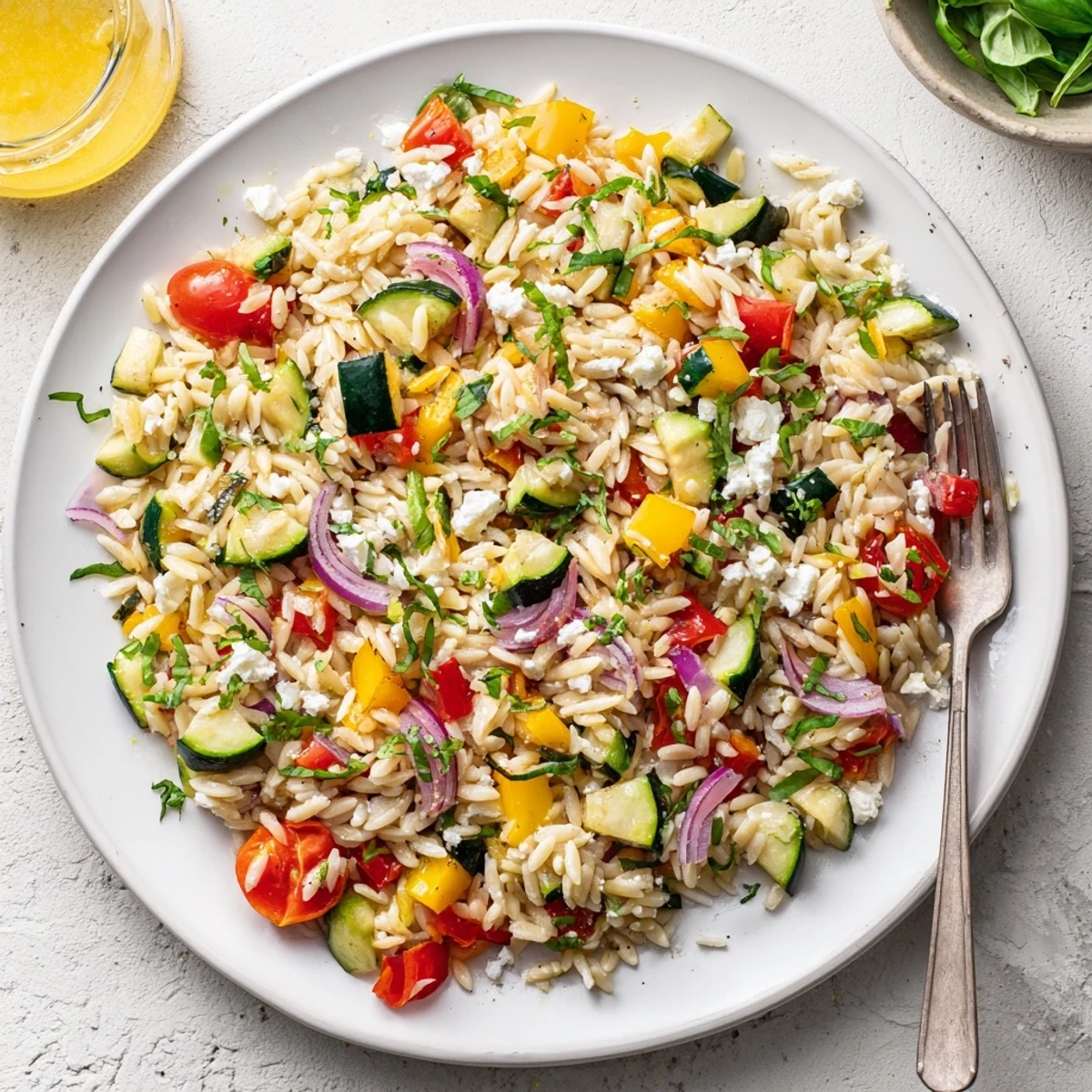 Golden roasted vegetable orzo topped with crumbled feta and fresh herbs in a white serving bowl
