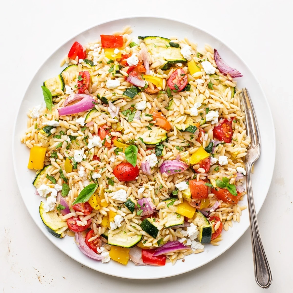 Colorful Mediterranean roasted vegetable orzo pasta tossed with zucchini peppers cherry tomatoes and lemon