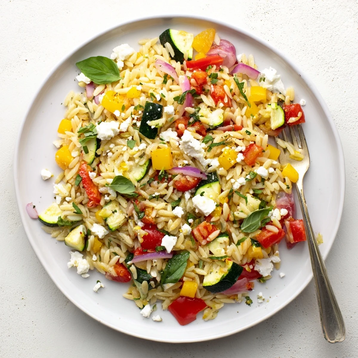 Hearty bowl of tasty roasted vegetable orzo garnished with basil parsley and bright lemon zest