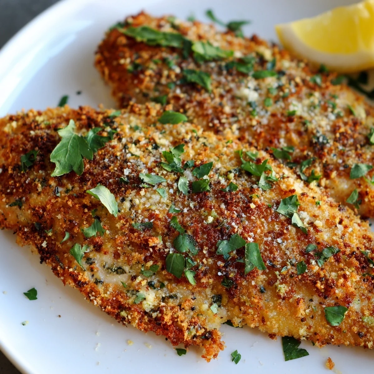 Breaded tilapia fillets air-fried until crunchy and served with fresh lemon wedges