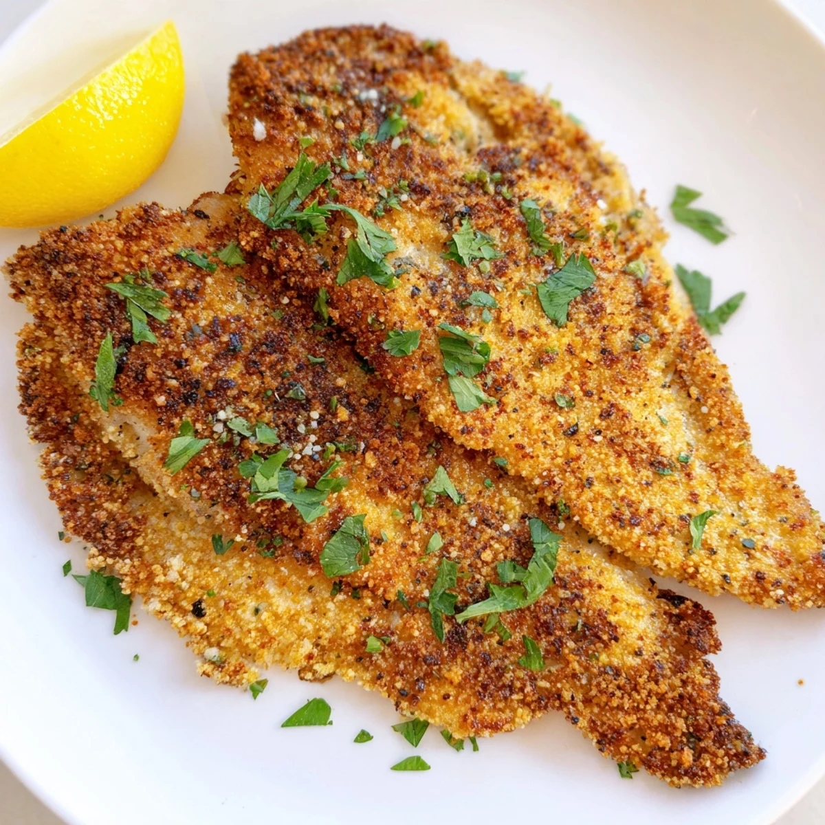 Perfectly crispy air fryer tilapia with flaky white fish inside golden coating