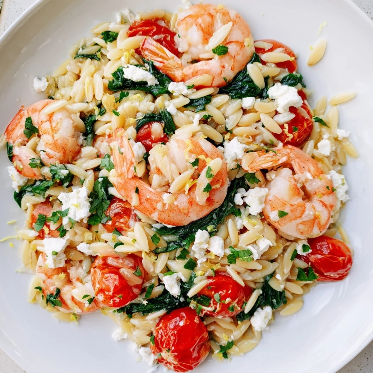 Golden lemon feta orzo shrimp with cherry tomatoes and fresh parsley in a white bowl