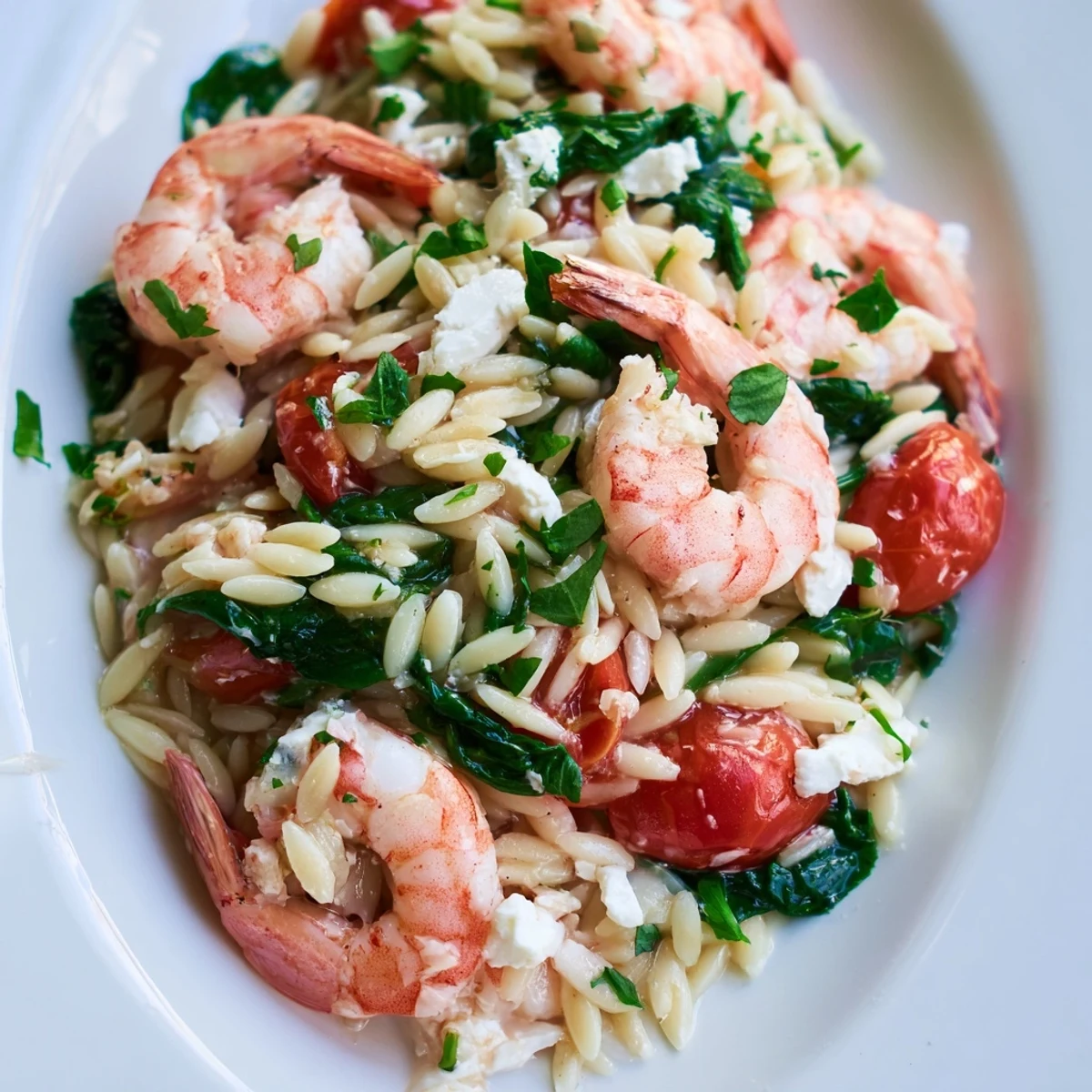 Mediterranean shrimp orzo pasta tossed with crumbled feta cheese baby spinach and lemon zest