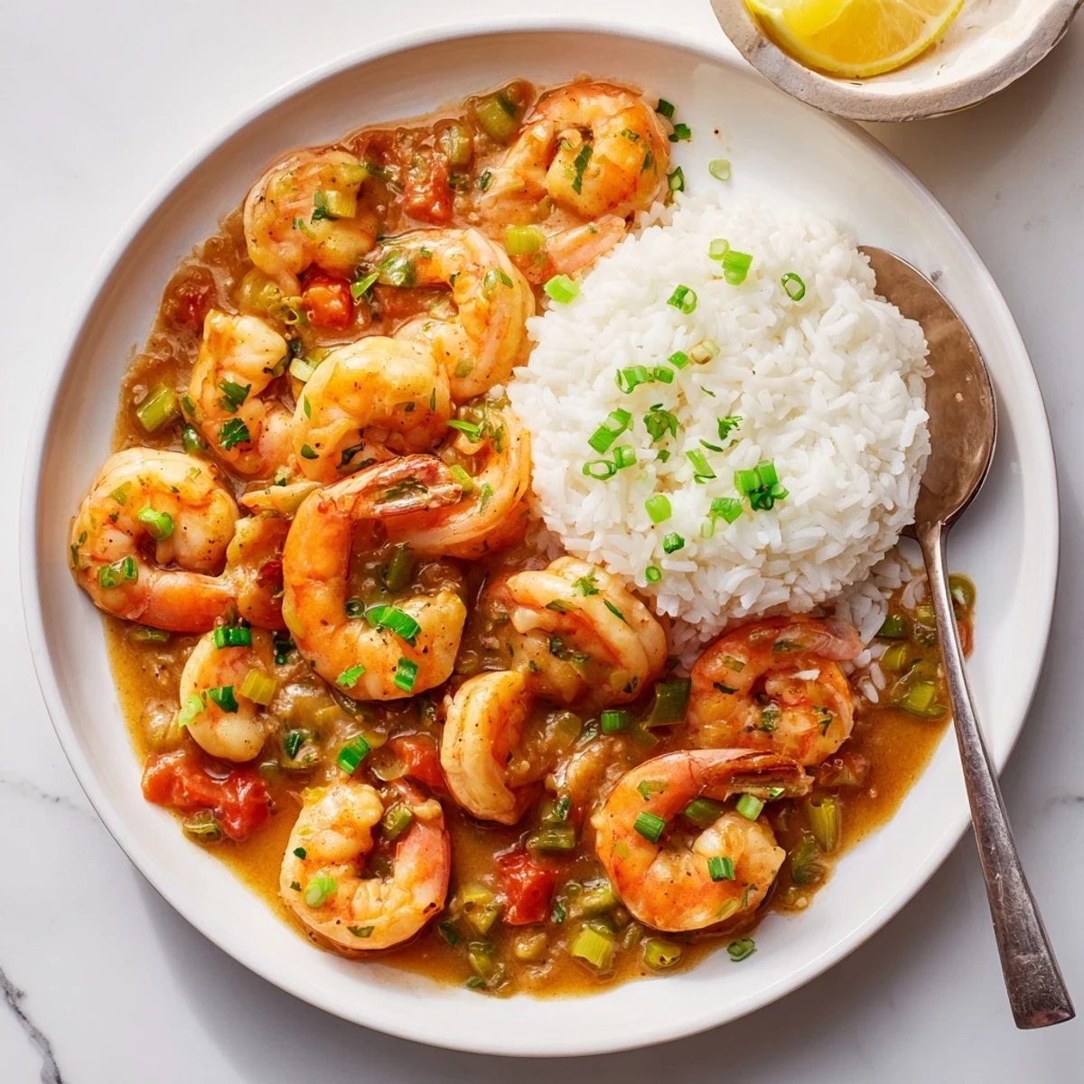 Golden brown Shrimp Étouffée served over fluffy white rice with vibrant green onion garnish