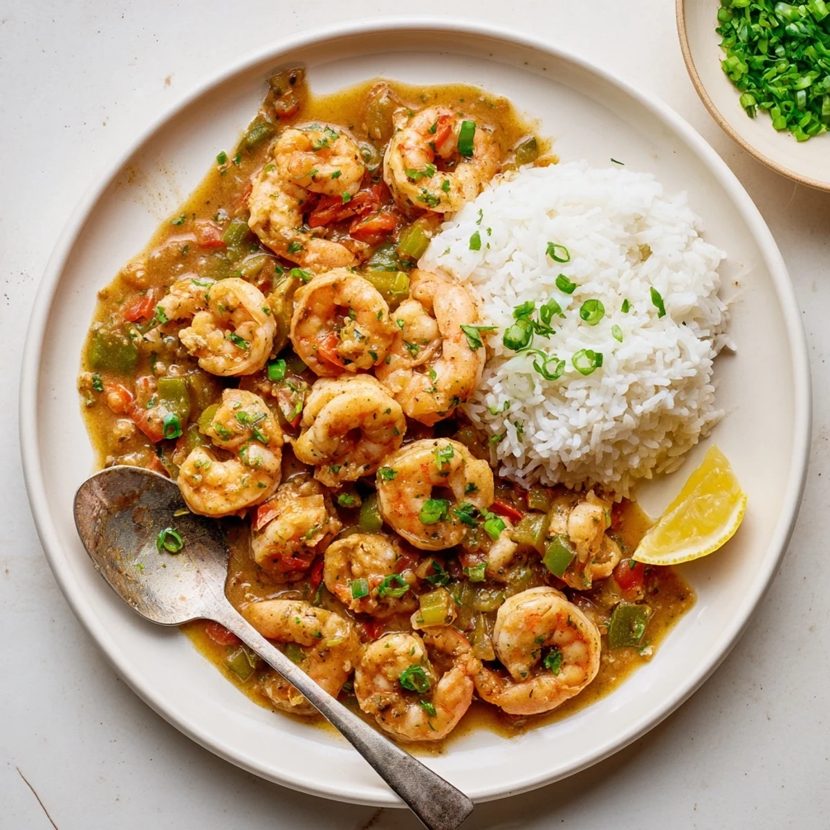 Succulent shrimp simmered in rich spicy roux sauce alongside colorful diced tomatoes and vegetables