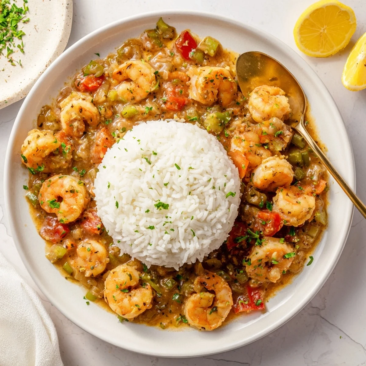 Classic Louisiana Creole Shrimp Étouffée plated over steaming rice with fresh parsley and lemon wedges