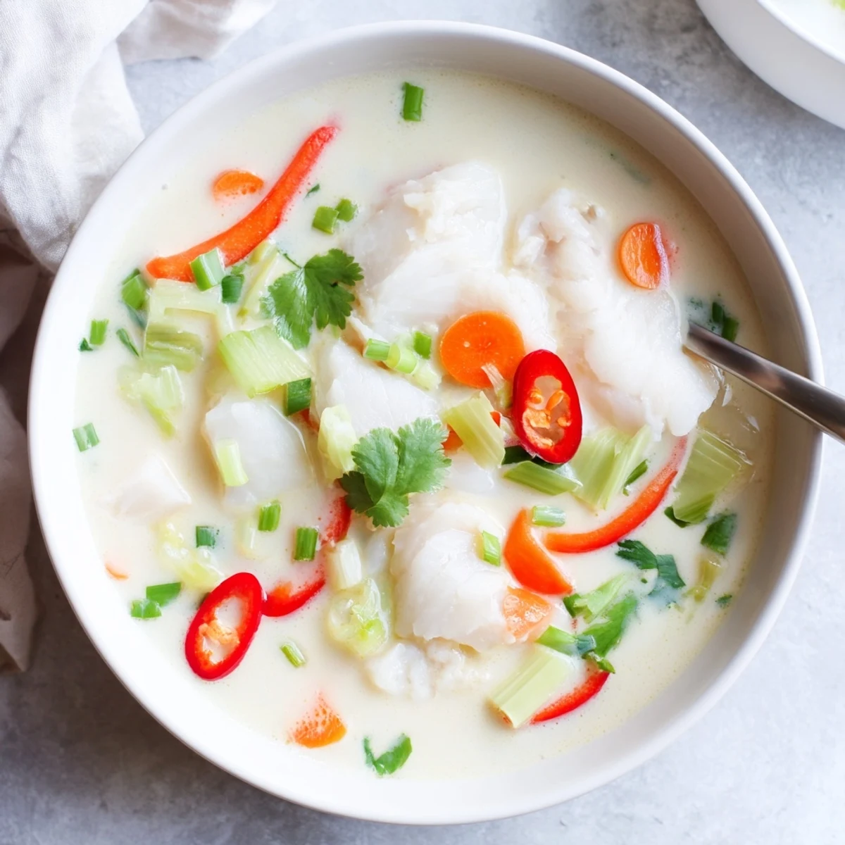White bowl of creamy coconut lime fish soup garnished with fresh cilantro and green onions