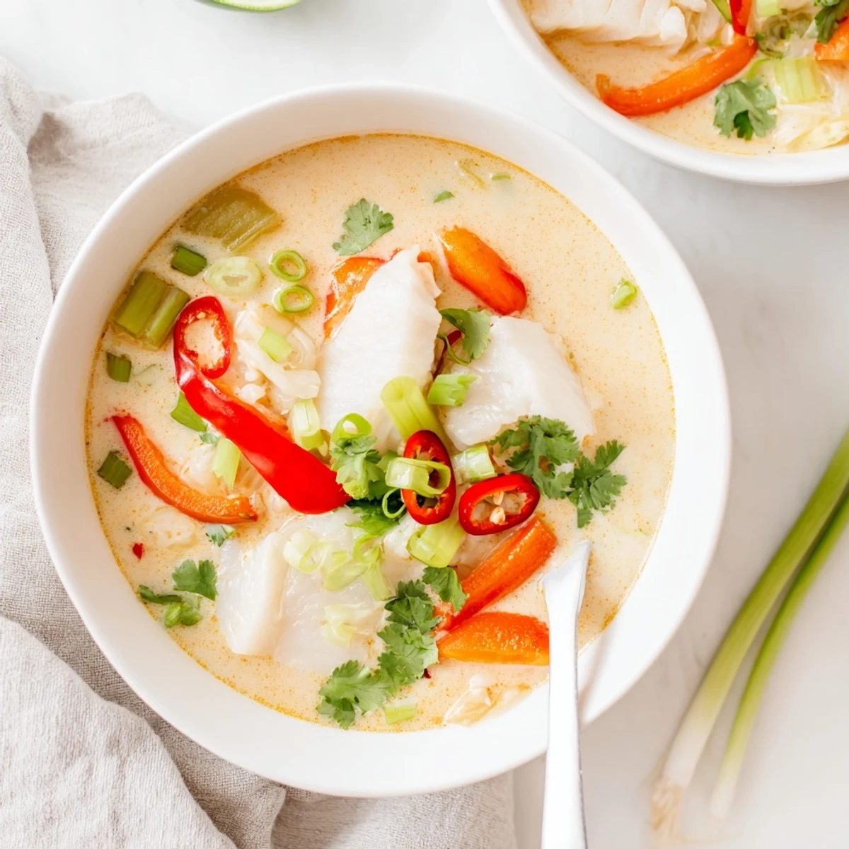 Steaming bowl of Southeast Asian coconut lime fish soup with red pepper slices and herbs