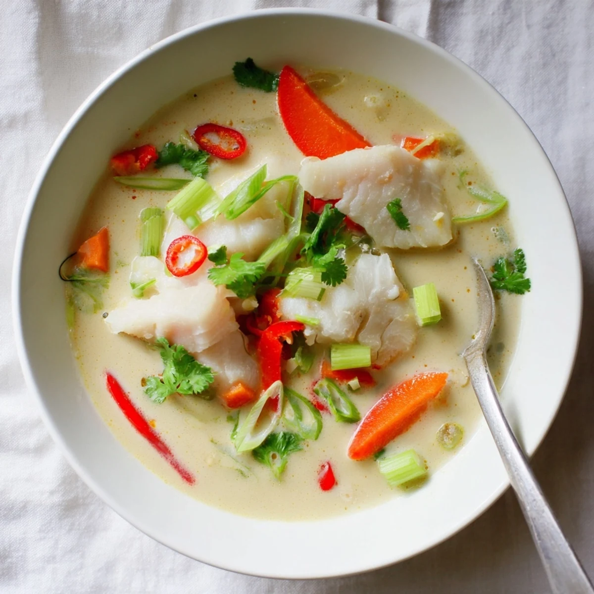 Rich coconut milk fish soup with tender white chunks and bright lime zest topping
