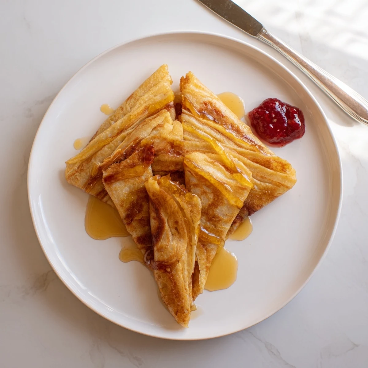 Warm Meloui breakfast pancakes served on rustic plate with honey drizzle and butter melting on top
