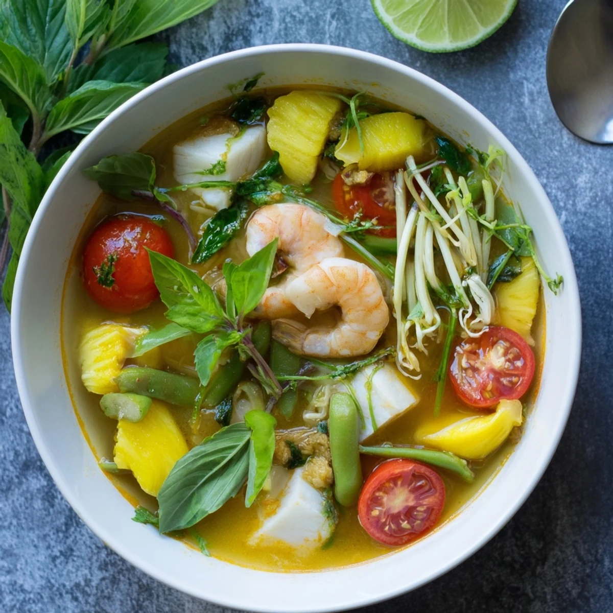 Golden bowl of Vietnamese Canh Chua soup with tender fish, pineapple chunks, and vibrant fresh herbs floating in aromatic broth