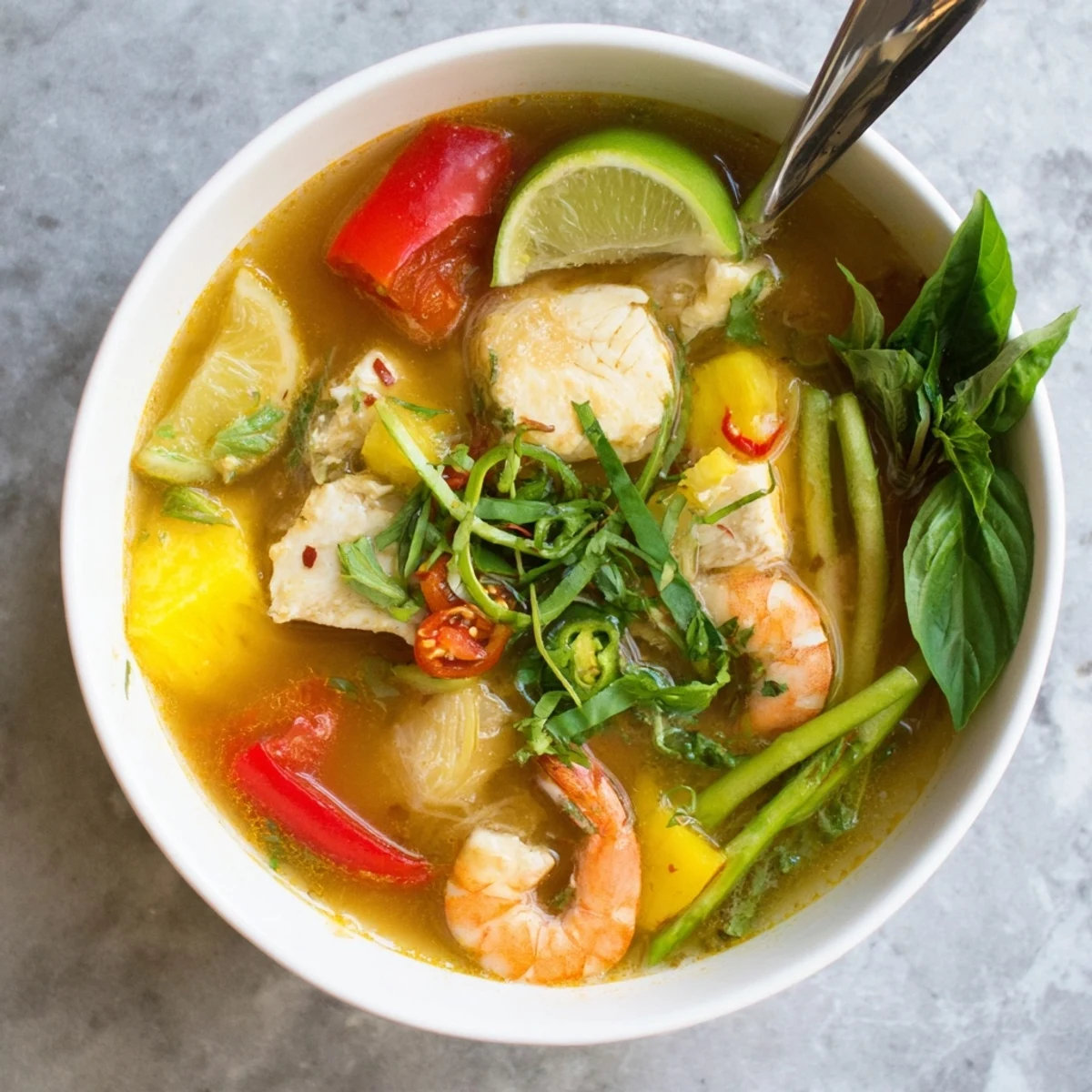 Steaming Vietnamese Canh Chua featuring flaky white fish, okra pods, tomatoes, and bright green garnishes in tangy tamarind broth