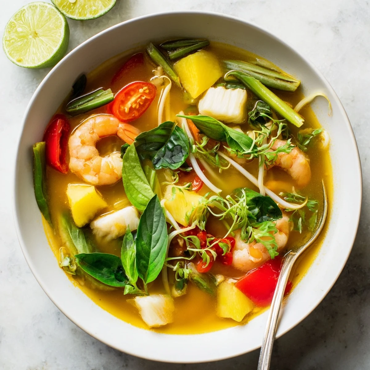 Rustic serving of Vietnamese Canh Chua with pineapple wedges, bean sprouts, and fragrant Thai basil atop savory sour soup