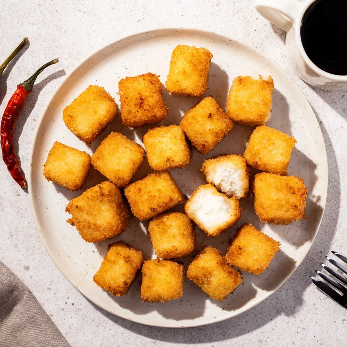 Golden crispy Tahu Sumedang arranged on a white plate with fresh green chilies