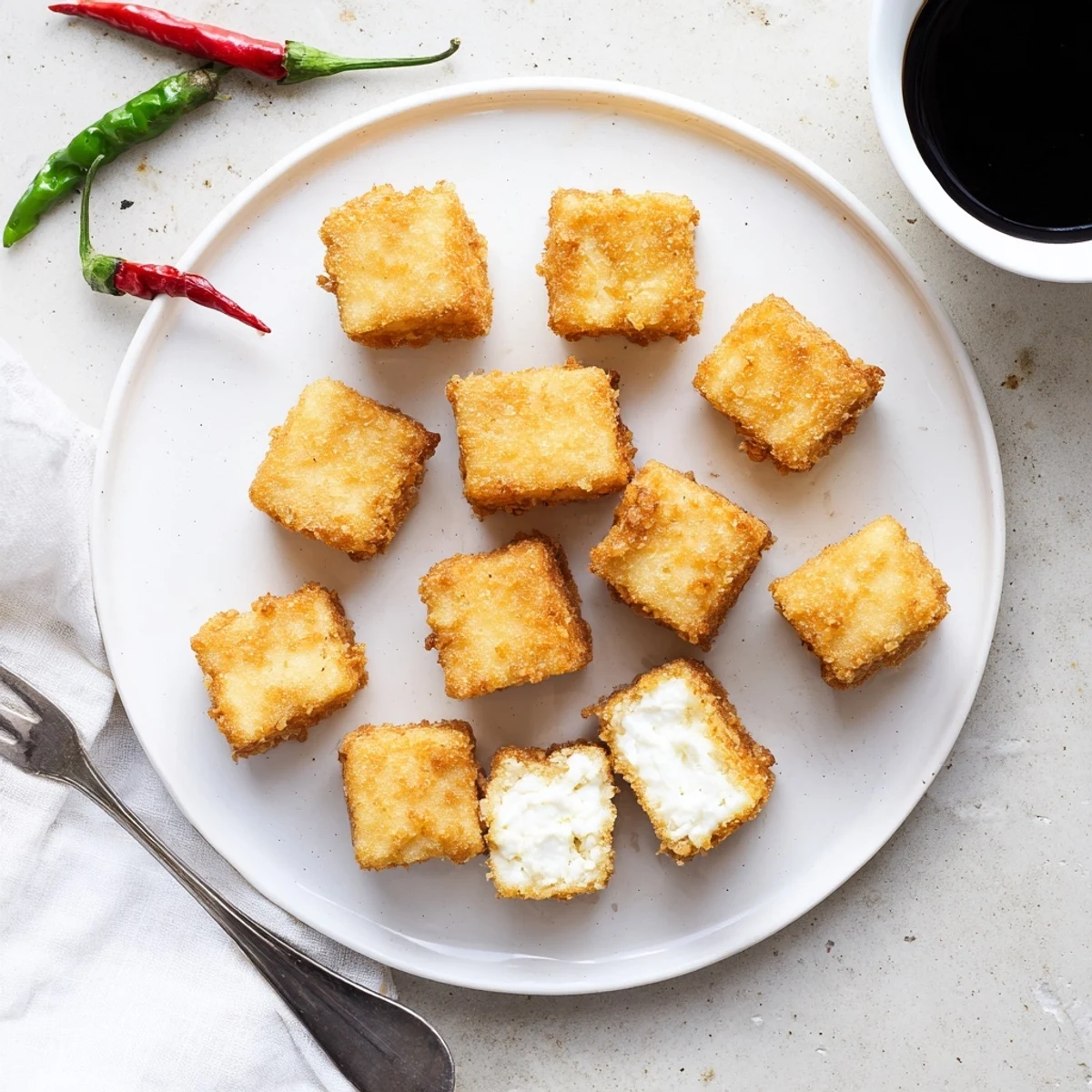 Golden-brown fried Tahu Sumedang cubes glistening with oil served alongside dipping sauce