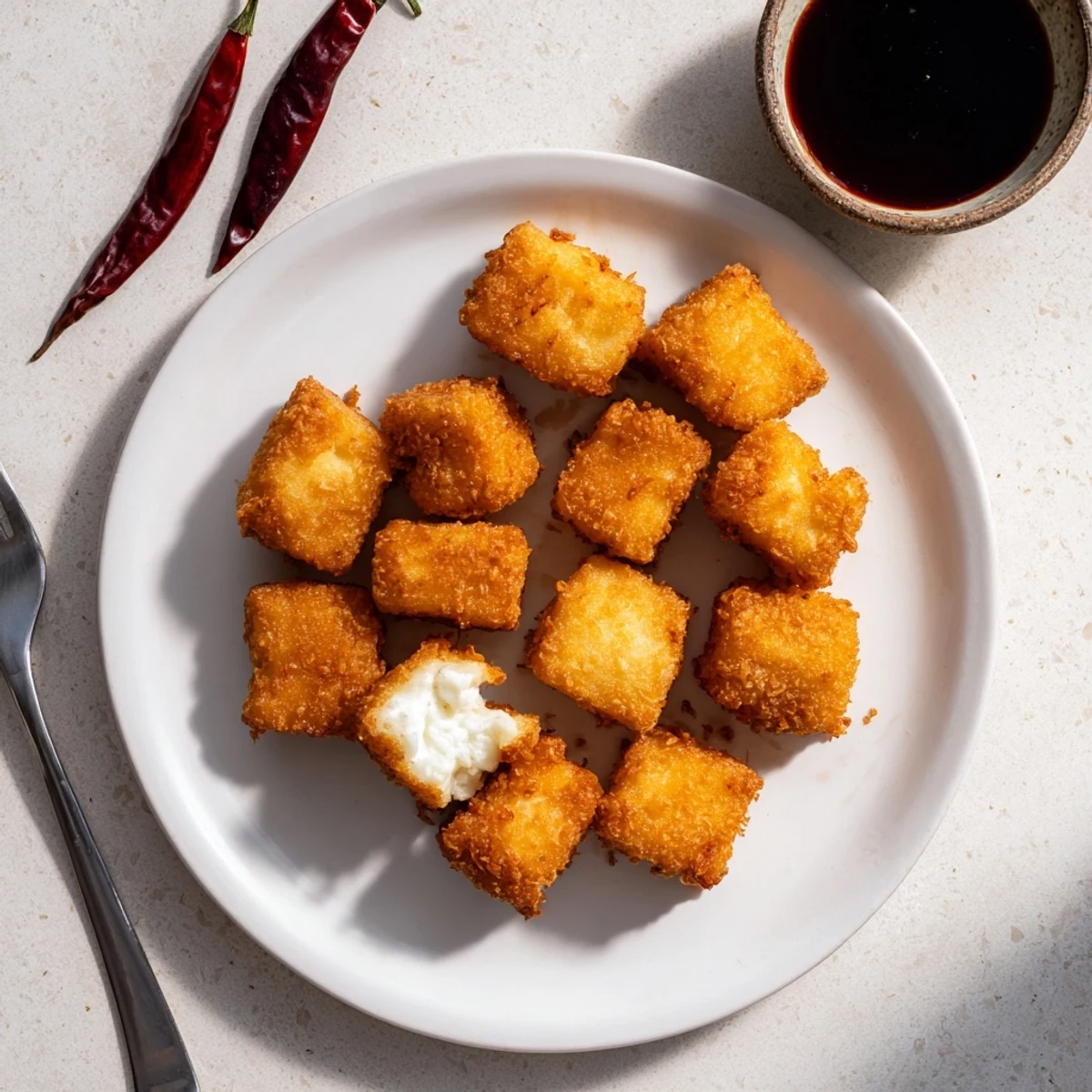 Steam rising from hot Tahu Sumedang placed on rustic wooden board with sweet soy sauce