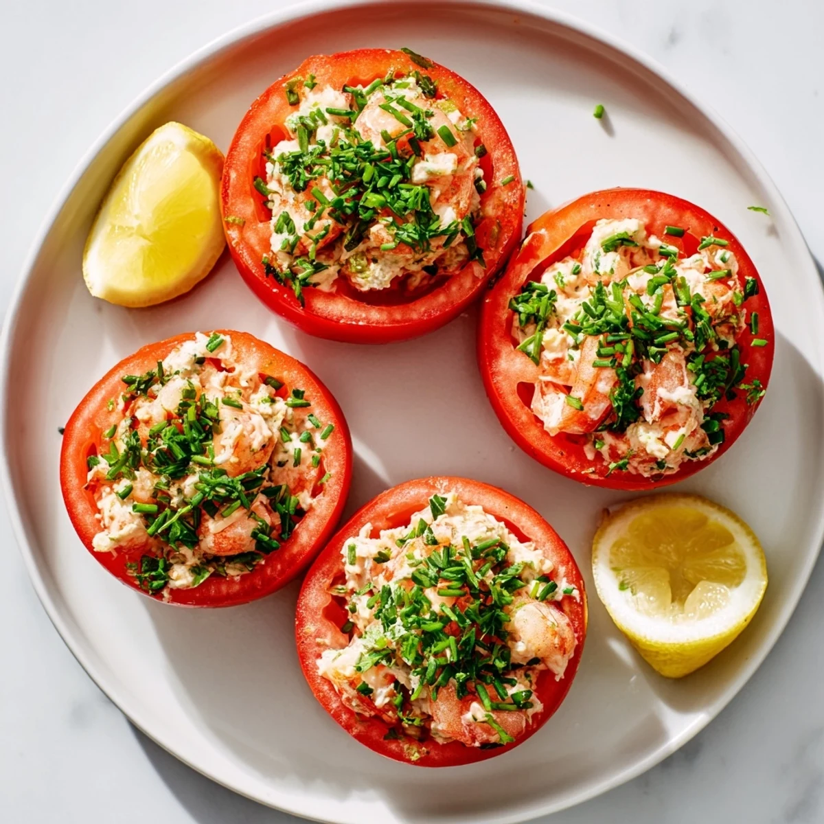 Classic Belgian tomates aux crevettes filled with creamy gray shrimp salad and fresh herbs