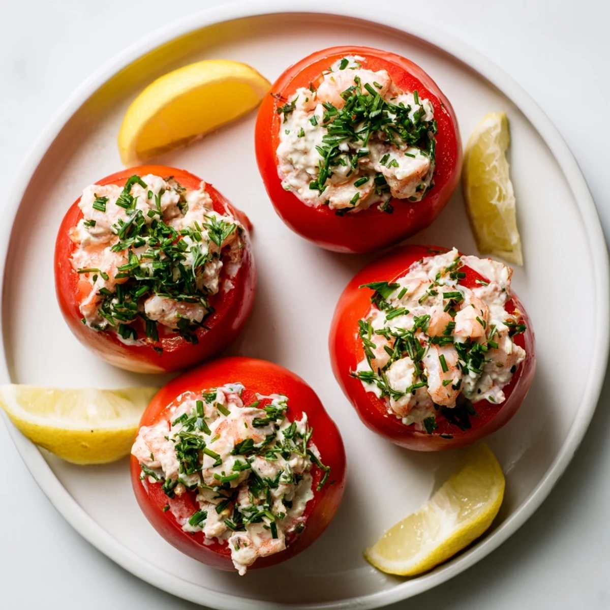 Fresh tomatoes overflowing with tender Belgian shrimp salad topped with parsley and lemon