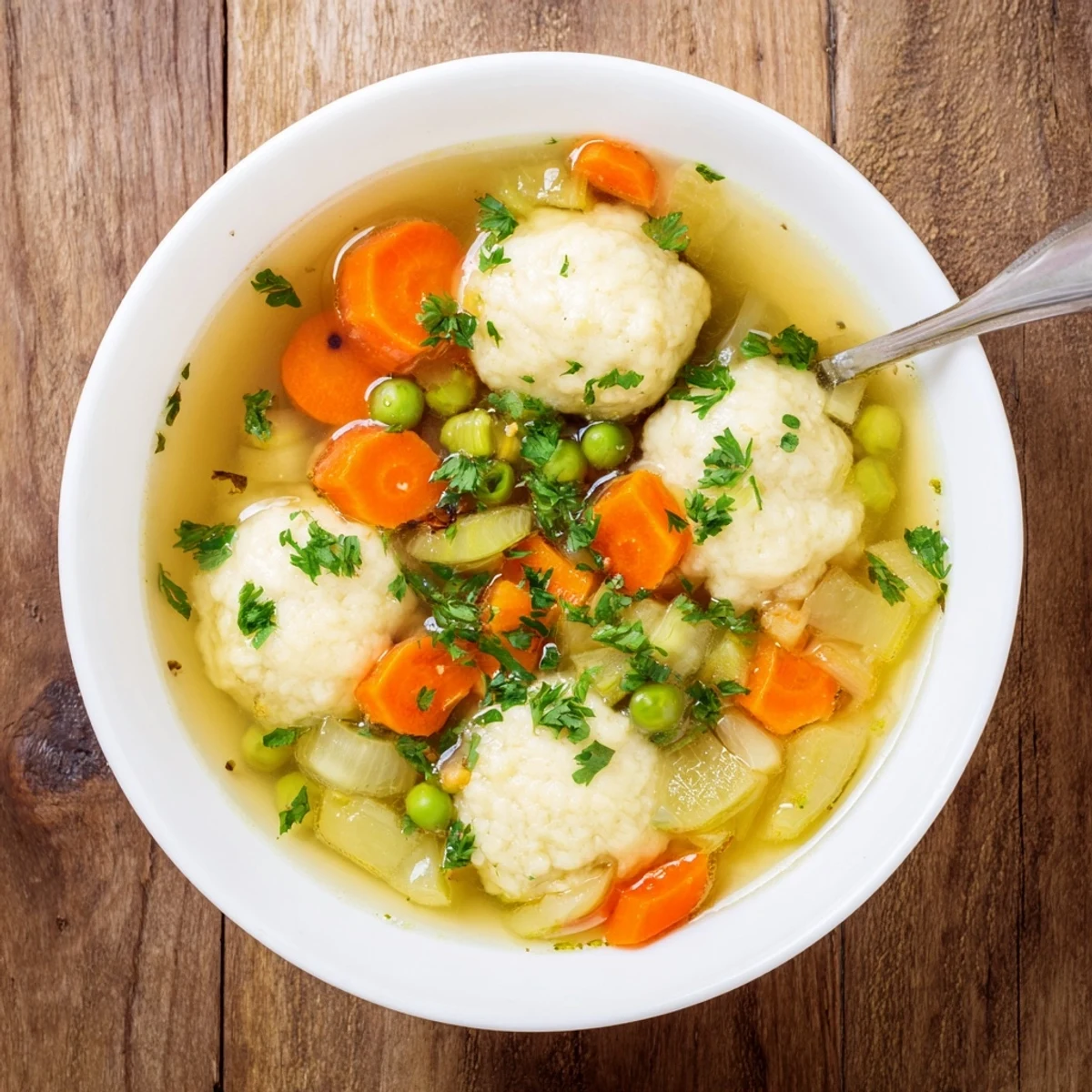 Homemade dumpling soup served hot with fluffy parsley dumplings in a seasoned vegetable broth garnished with dill