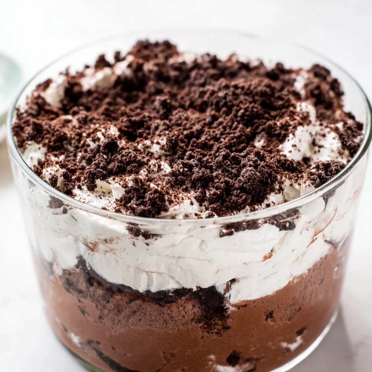 Individual serving jar showing chocolate keto dirt cake topped with crunchy cocoa almond crumble