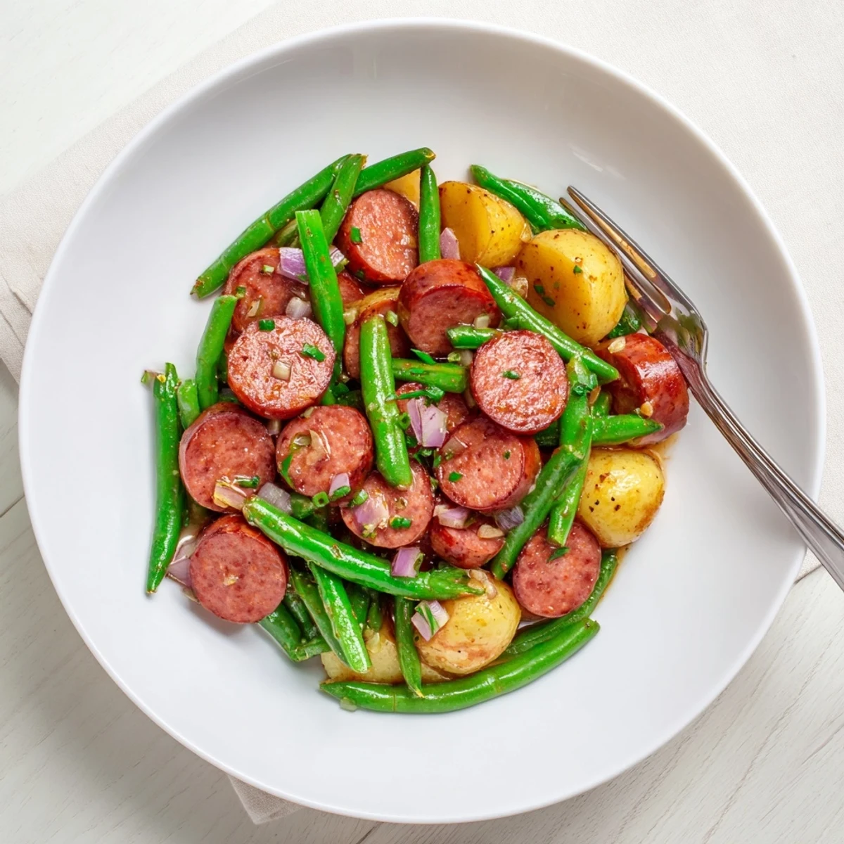 Slow cooker Crockpot Kielbasa and Green Beans with tender baby potatoes in savory broth