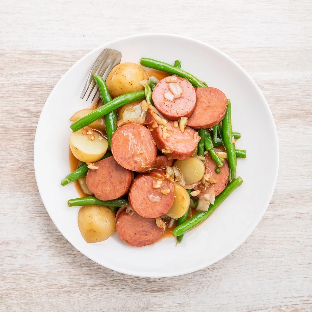 Hearty Crockpot Kielbasa and Green Beans one-pot meal featuring smoky sausage and crisp vegetables