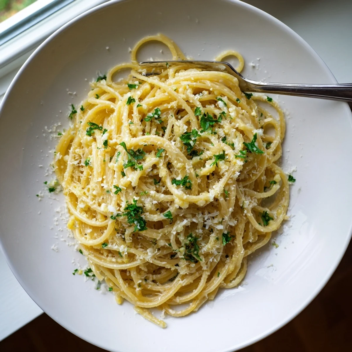 Al dente pasta swimming in rich garlic butter sauce topped with grated cheese and lemon zest
