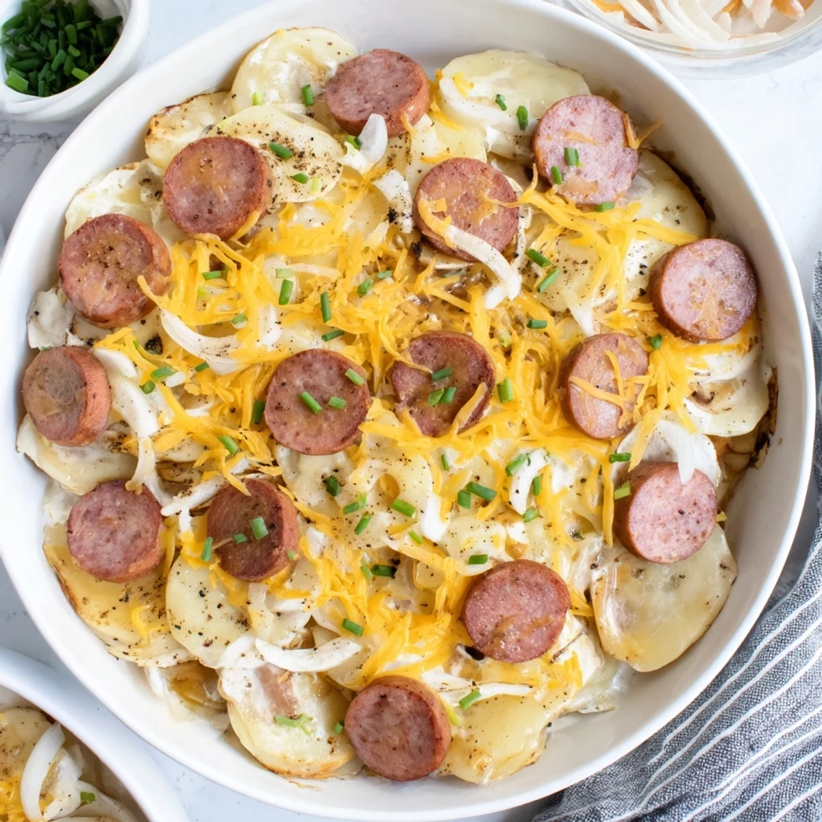 Golden bubbling Crock Pot Pierogi Casserole with melted cheddar over sliced smoky kielbasa