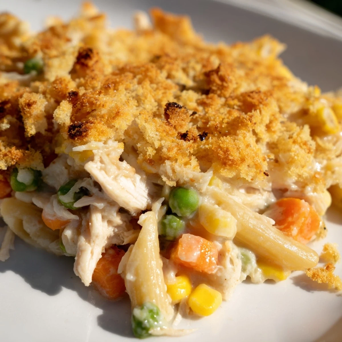 Golden baked chicken pot pie pasta with crispy parmesan breadcrumb topping bubbling in a casserole dish