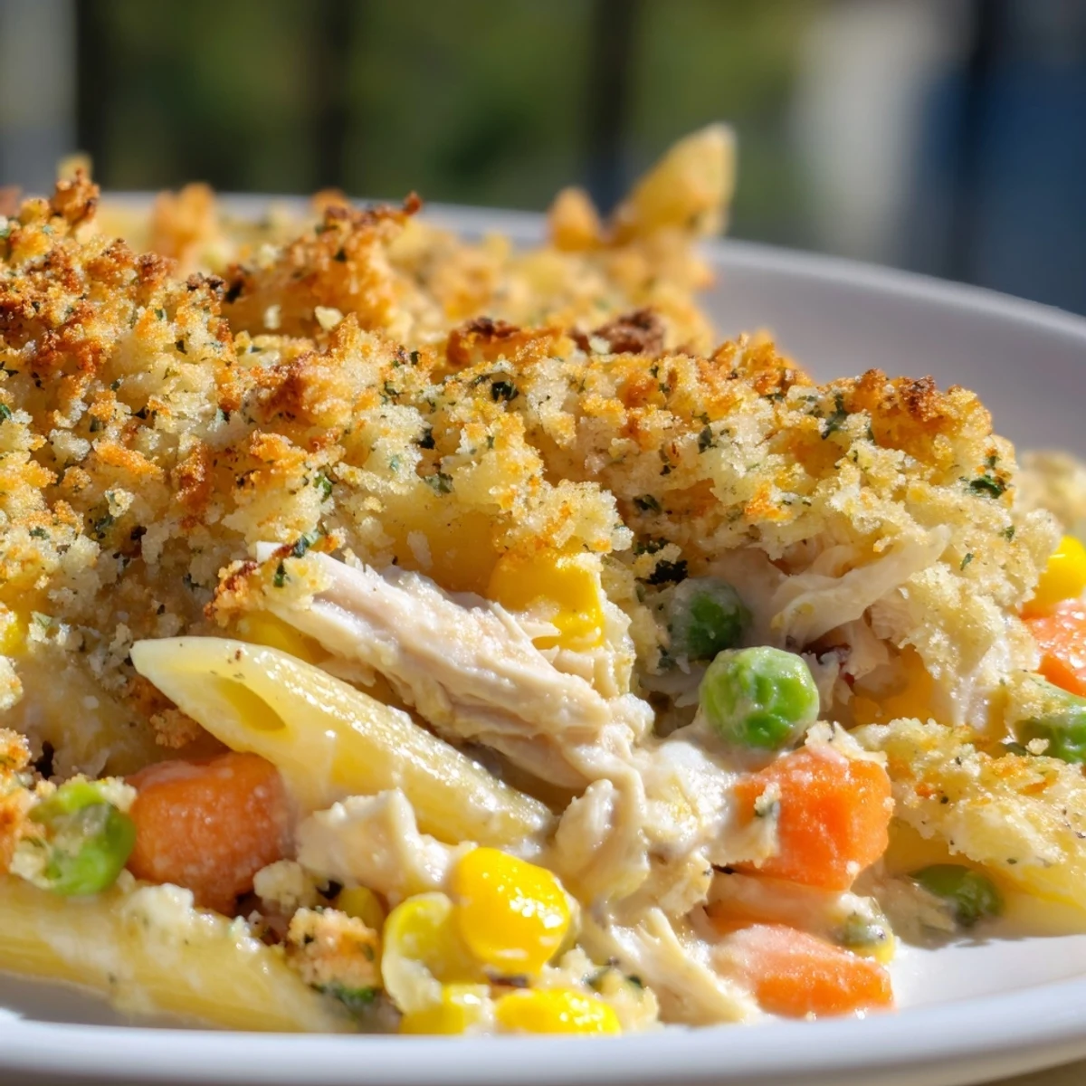 Creamy chicken pot pie pasta loaded with tender vegetables and shredded meat in a white sauce