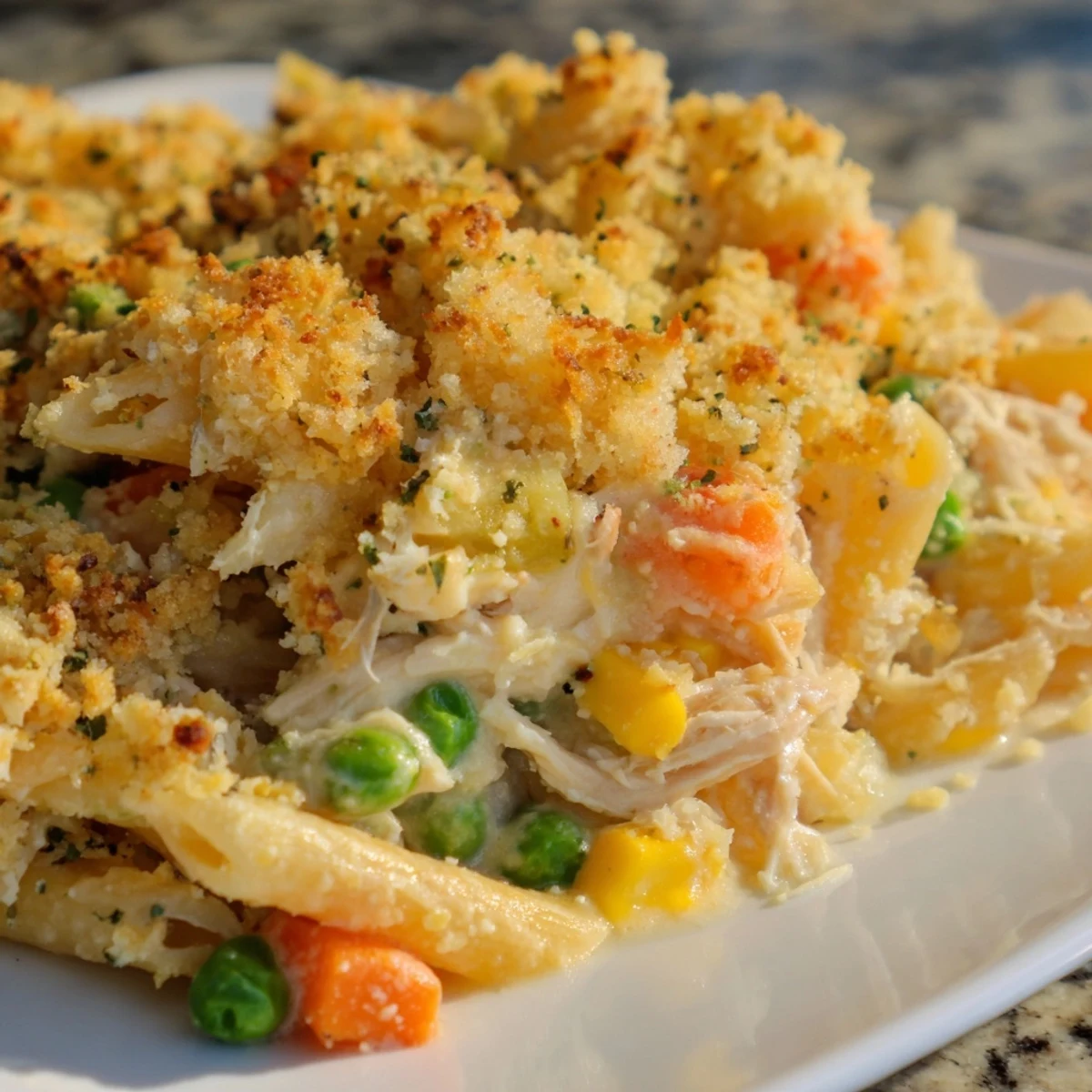 Hearty chicken pot pie pasta casserole featuring penne tossed with peas and carrots under buttery crumbs
